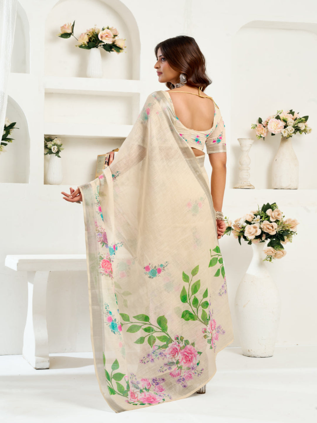 Floral Printed Cream Ready-to-Wear Designer Linen Saree