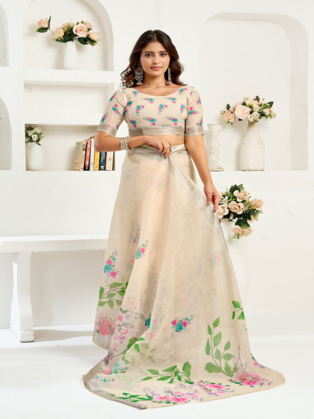 Floral Printed Cream Ready-to-Wear Designer Linen Saree