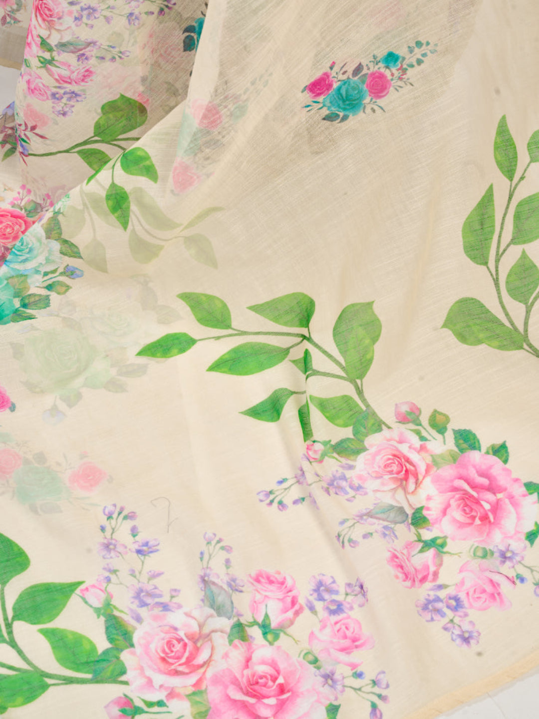 Floral Printed Cream Ready-to-Wear Designer Linen Saree