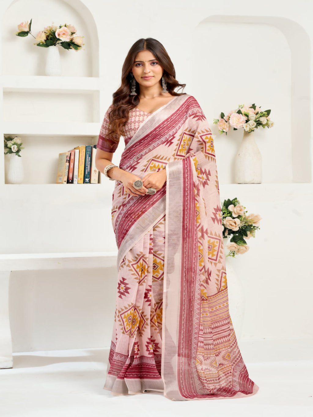 Dusty Pink Printed Ready-to-Wear Designer Linen Saree