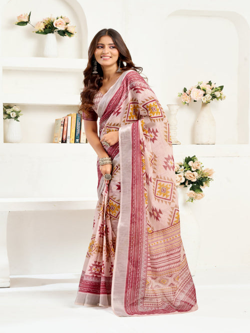 Dusty Pink Printed Ready-to-Wear Designer Linen Saree