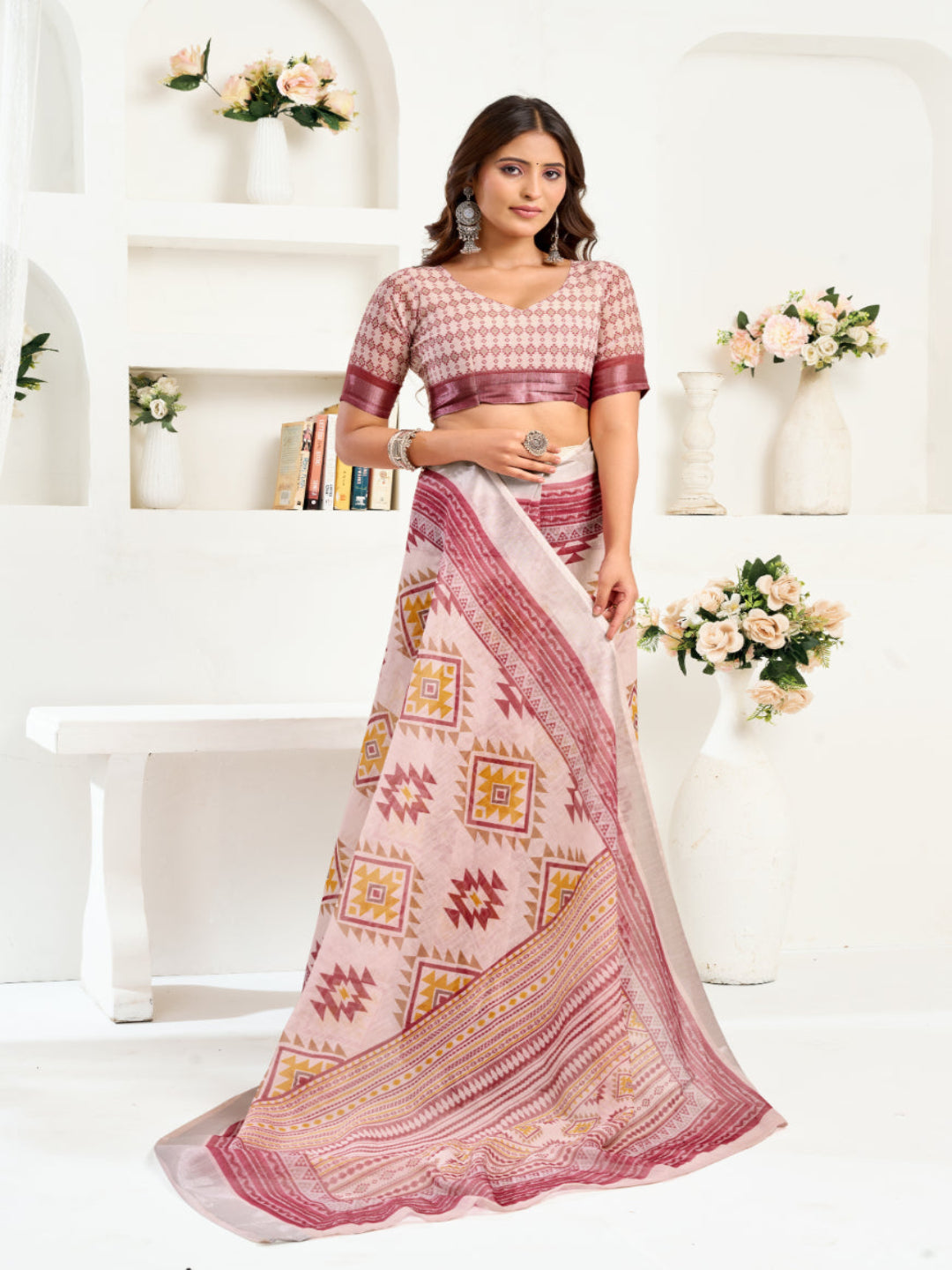 Dusty Pink Printed Ready-to-Wear Designer Linen Saree