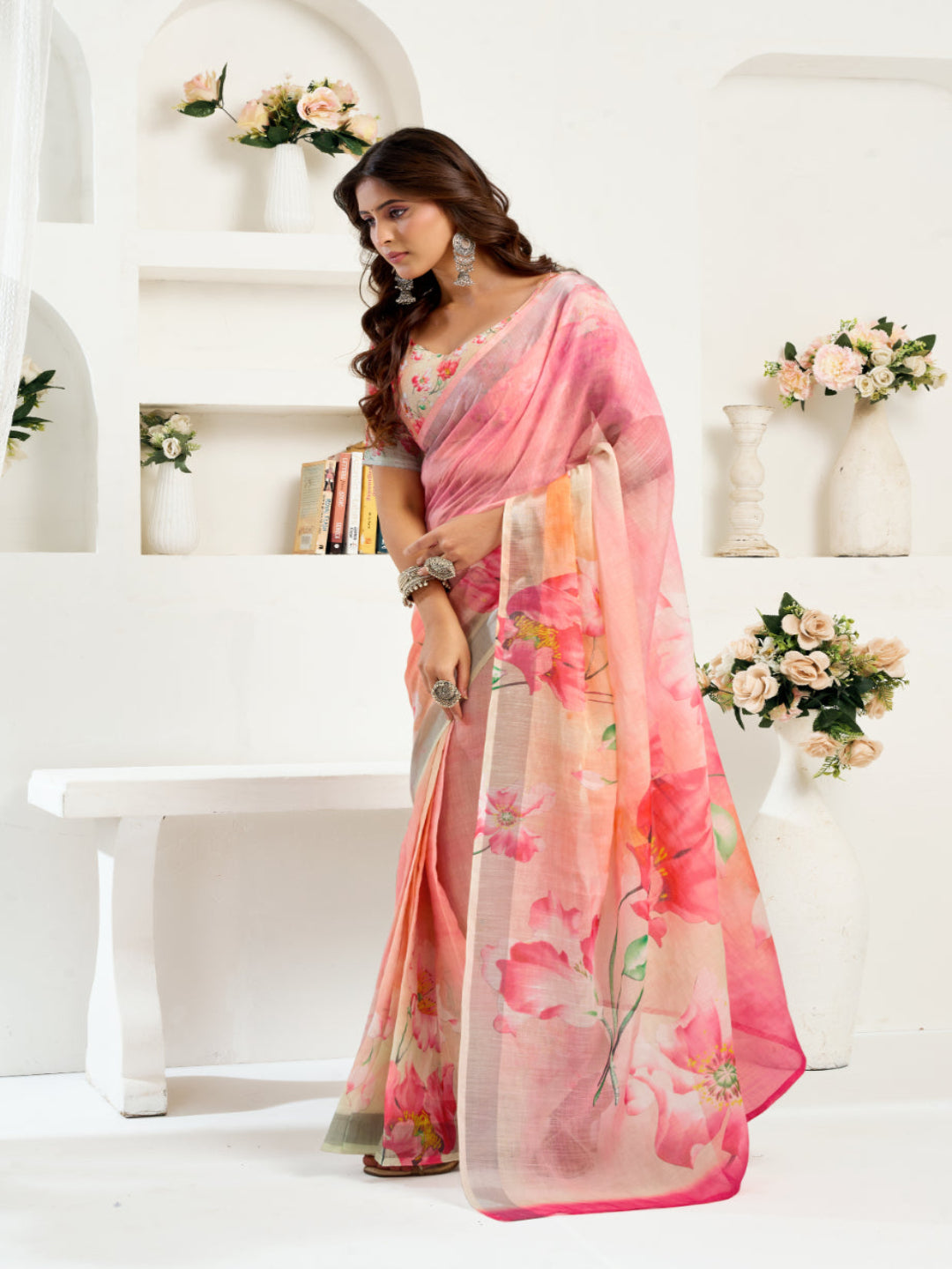 Light Peach Floral Printed Ready-to-Wear Designer Linen Saree