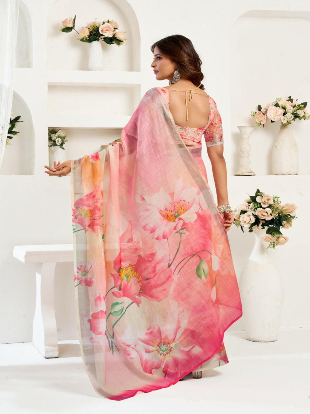 Light Peach Floral Printed Ready-to-Wear Designer Linen Saree