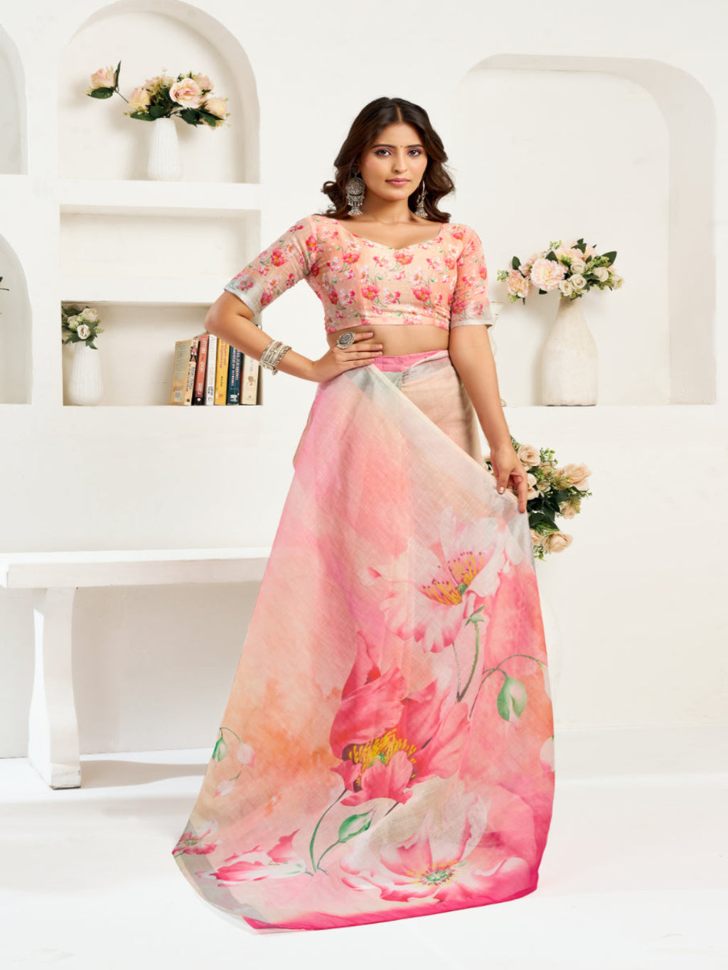 Light Peach Floral Printed Ready-to-Wear Designer Linen Saree