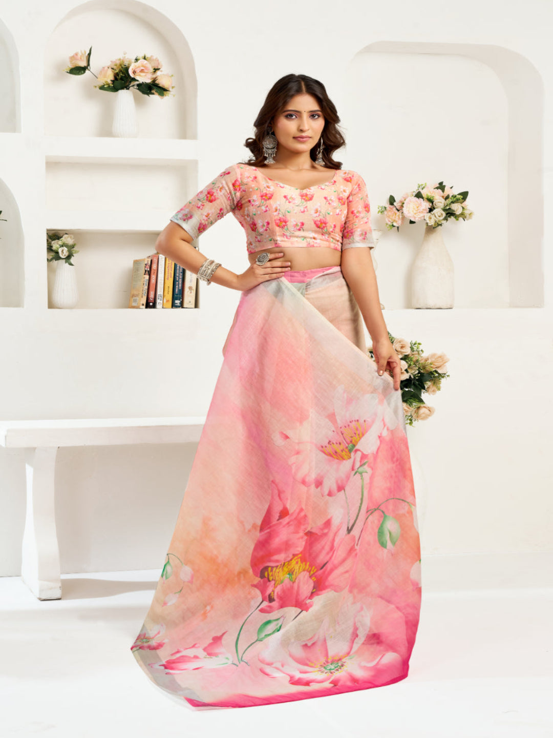Light Peach Floral Printed Ready-to-Wear Designer Linen Saree