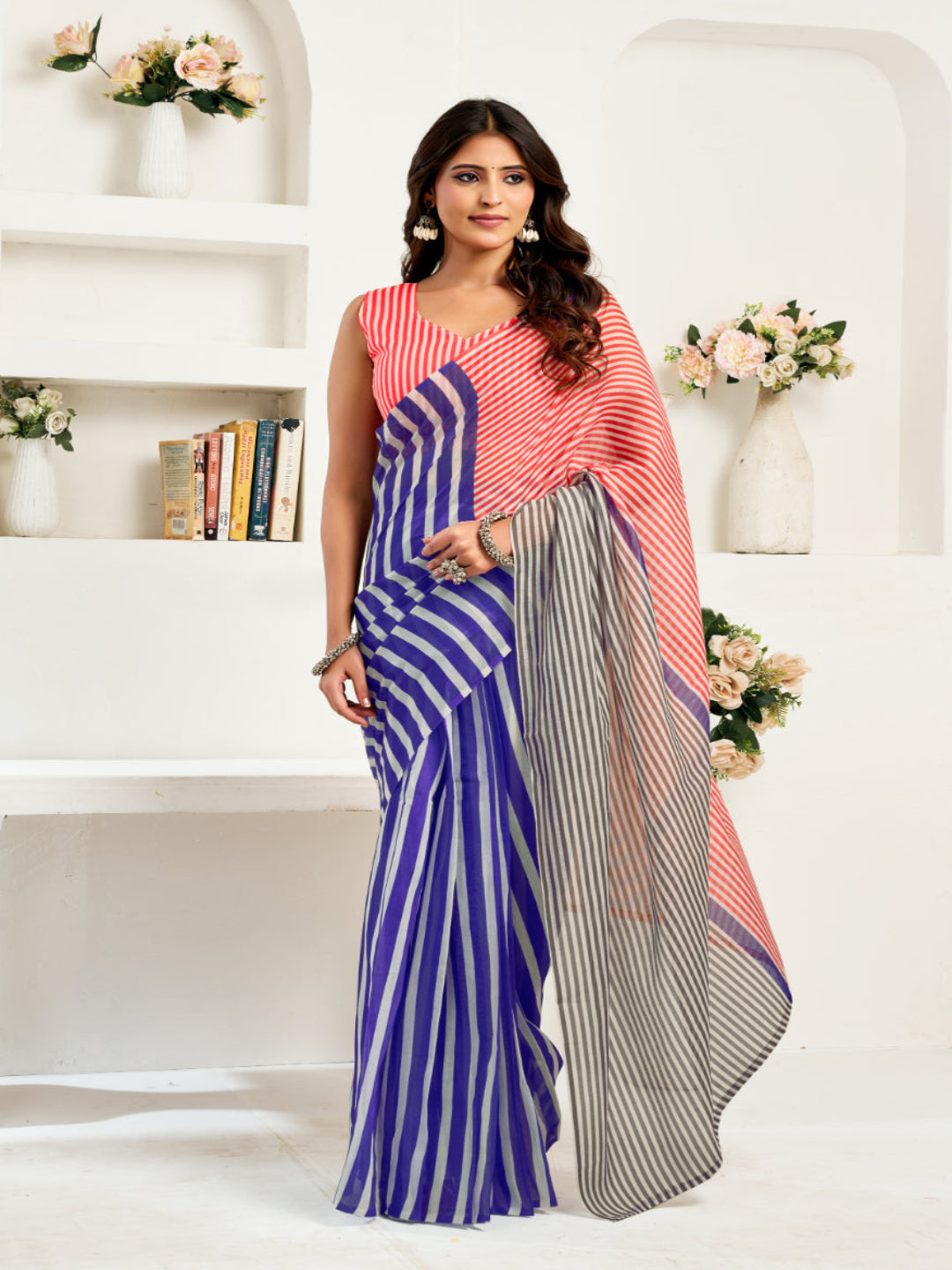 Modern Tradition: A Vibrant Striped Linen Masterpiece ready to wear saree