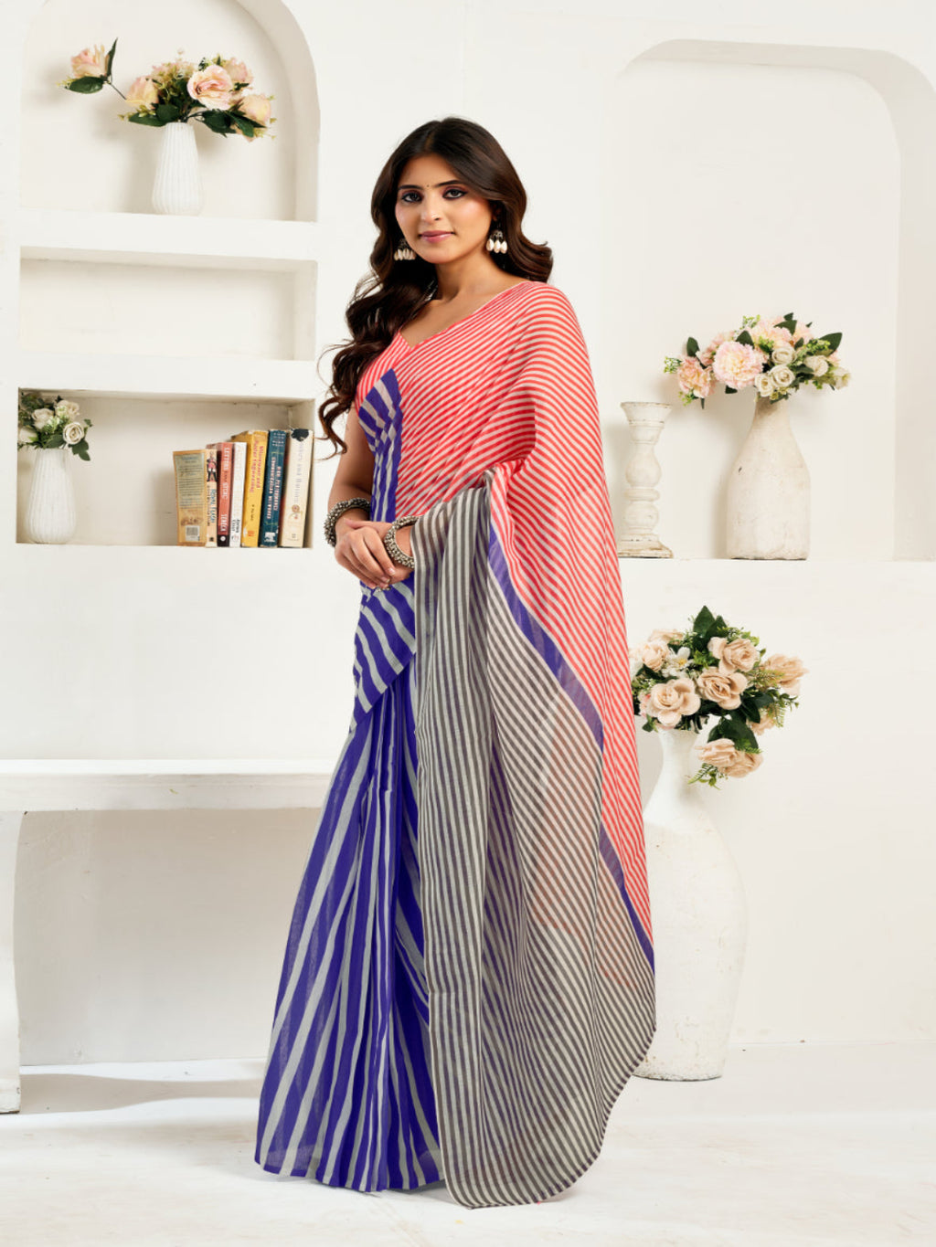 Modern Tradition: A Vibrant Striped Linen Masterpiece ready to wear saree