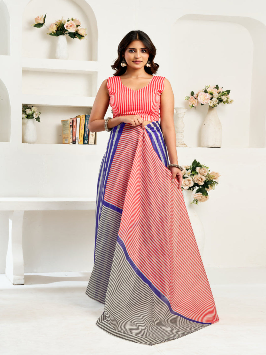 Modern Tradition: A Vibrant Striped Linen Masterpiece ready to wear saree