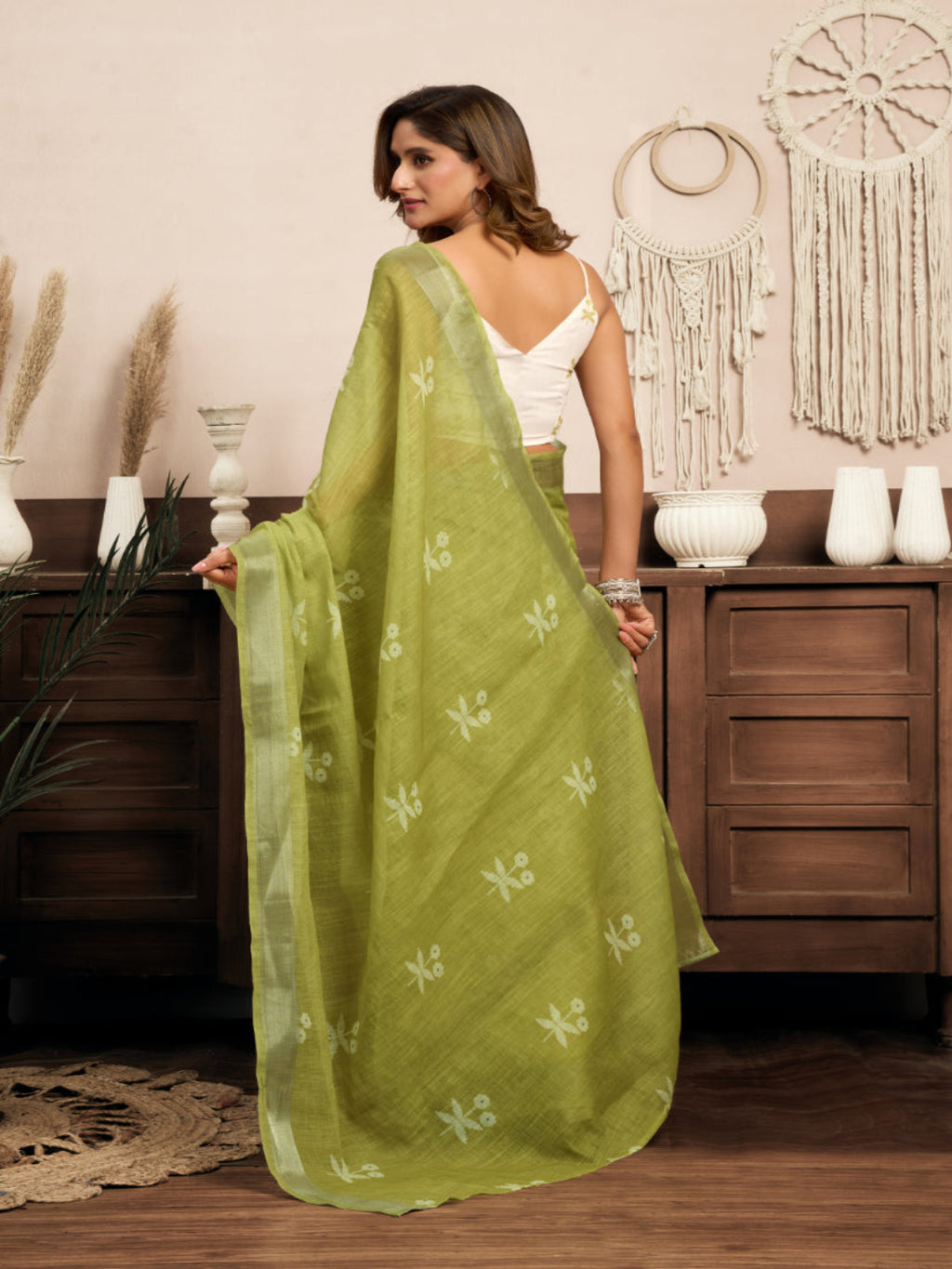 Pista Floral Print Linen Masterpiece ready to wear saree