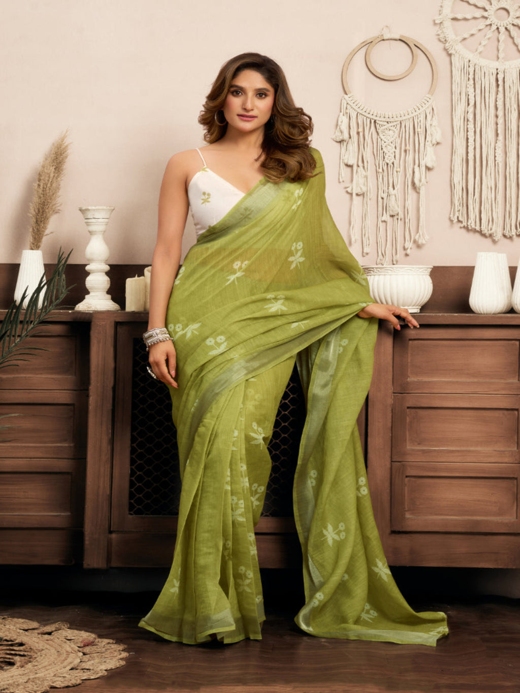 Pista Floral Print Linen Masterpiece ready to wear saree