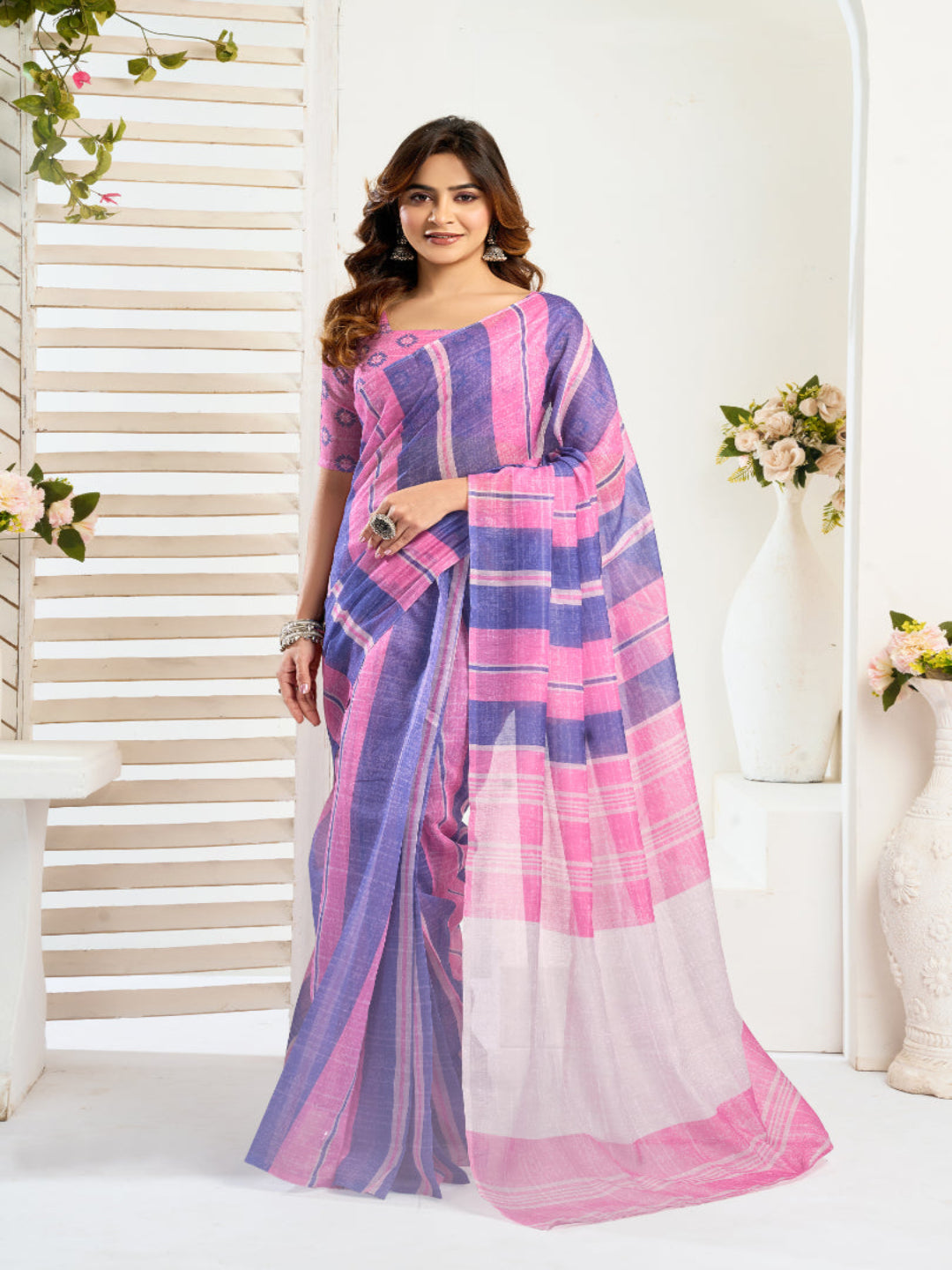 Modern Tradition: A Vibrant Striped Linen Masterpiece ready to wear saree