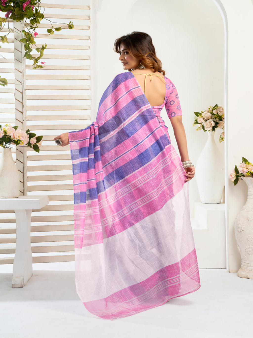 Modern Tradition: A Vibrant Striped Linen Masterpiece ready to wear saree