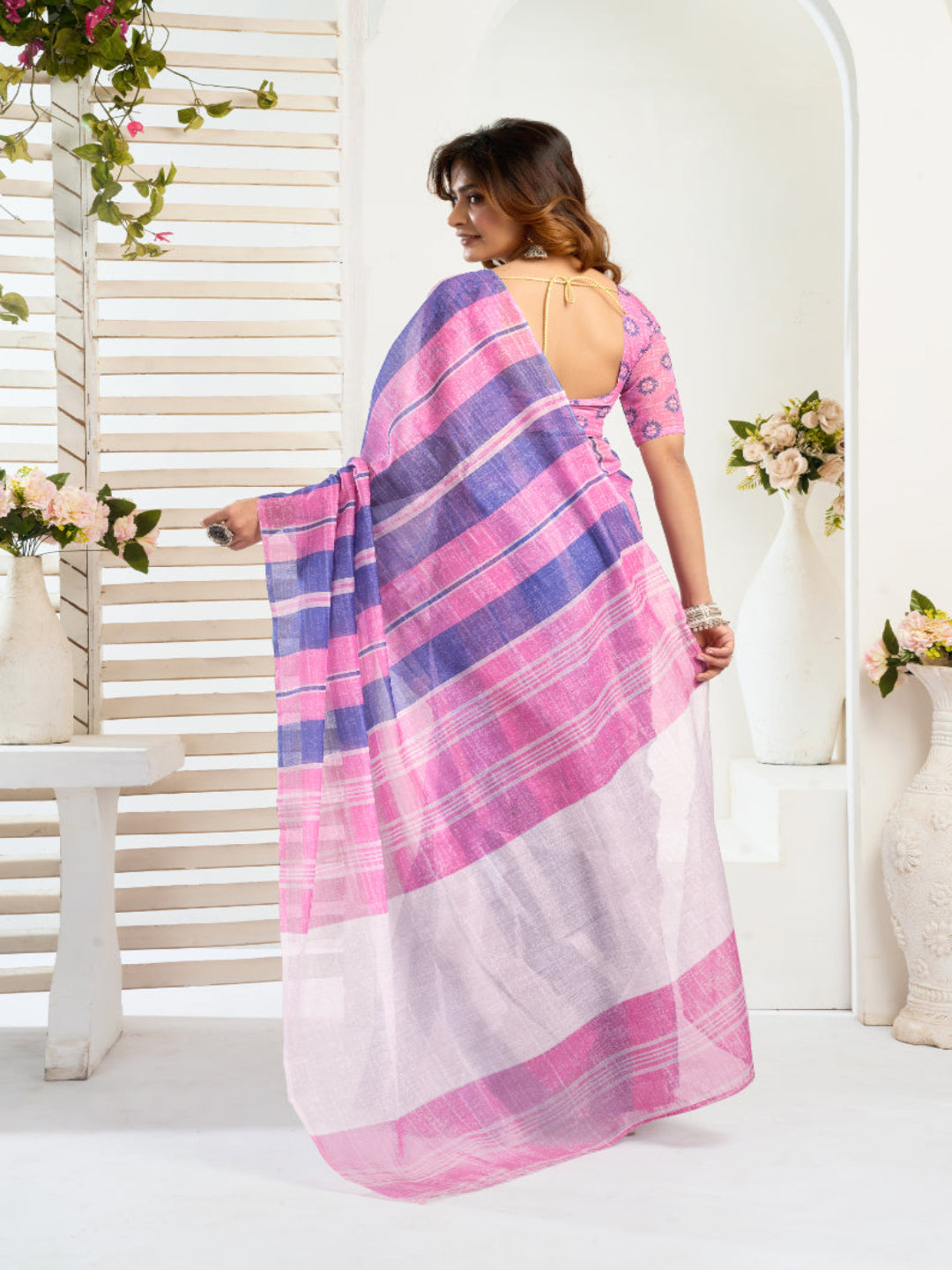 Modern Tradition: A Vibrant Striped Linen Masterpiece ready to wear saree