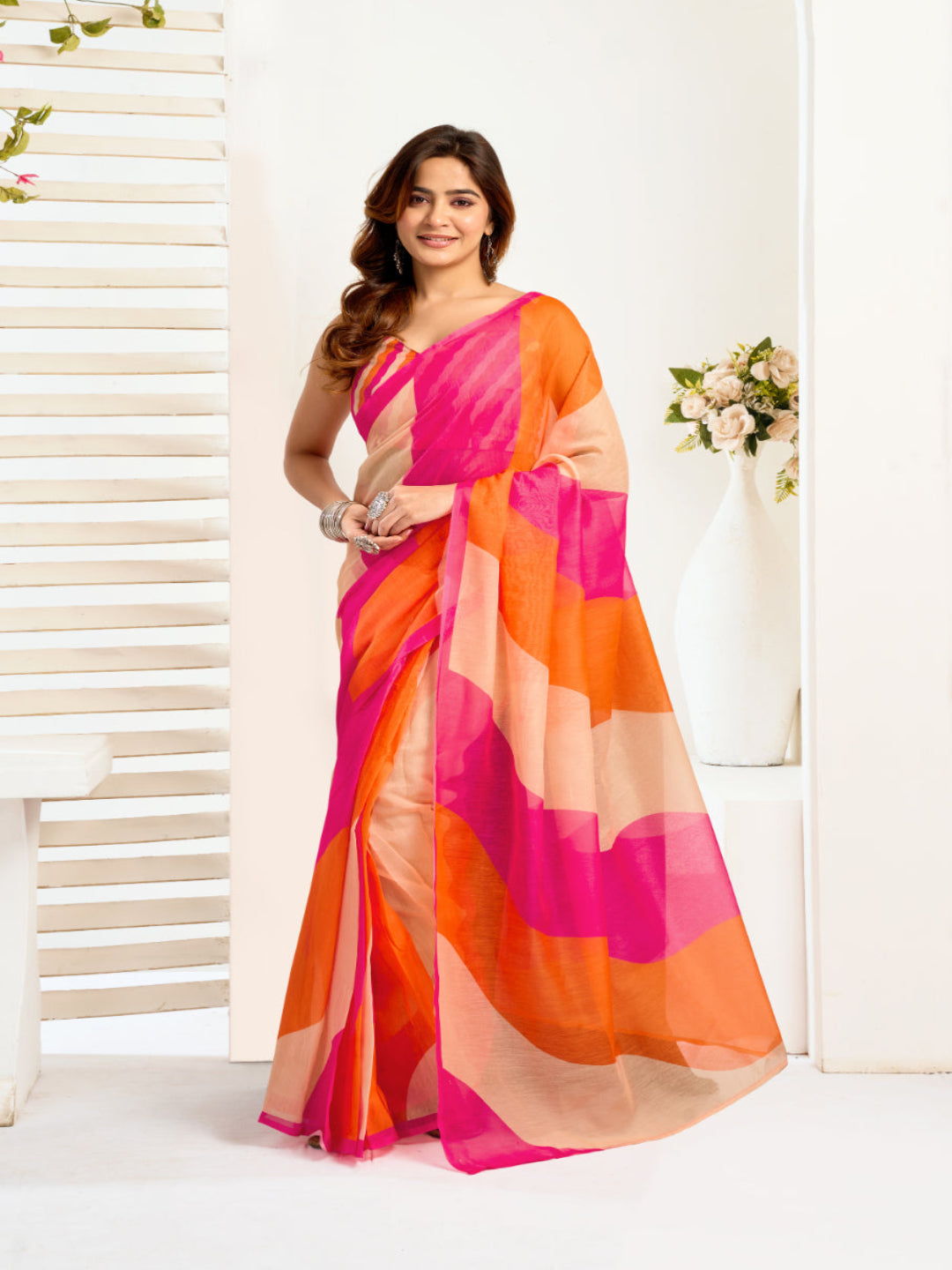 Modern Tradition: A Vibrant Striped Linen Masterpiece ready to wear saree