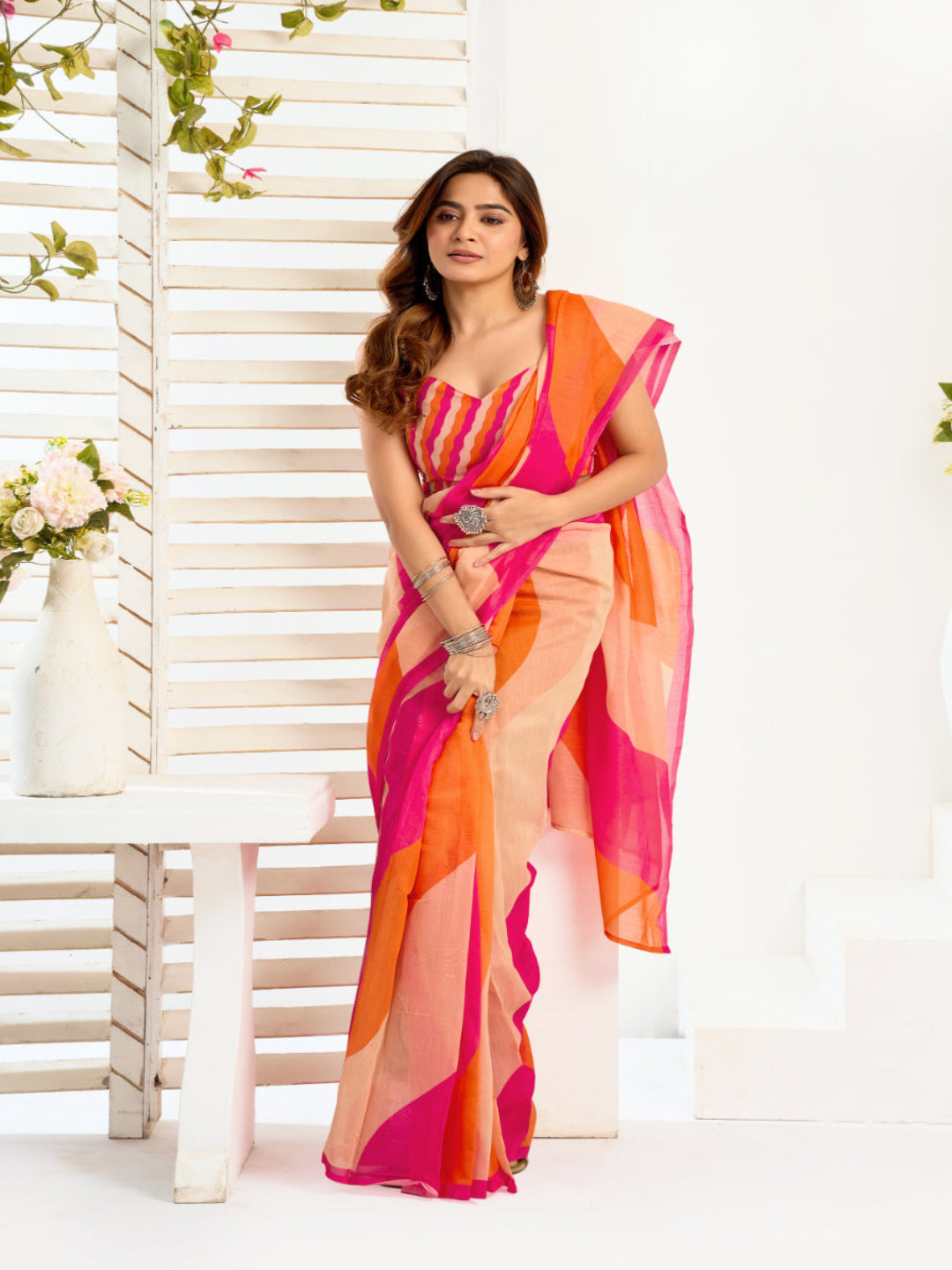 Modern Tradition: A Vibrant Striped Linen Masterpiece ready to wear saree