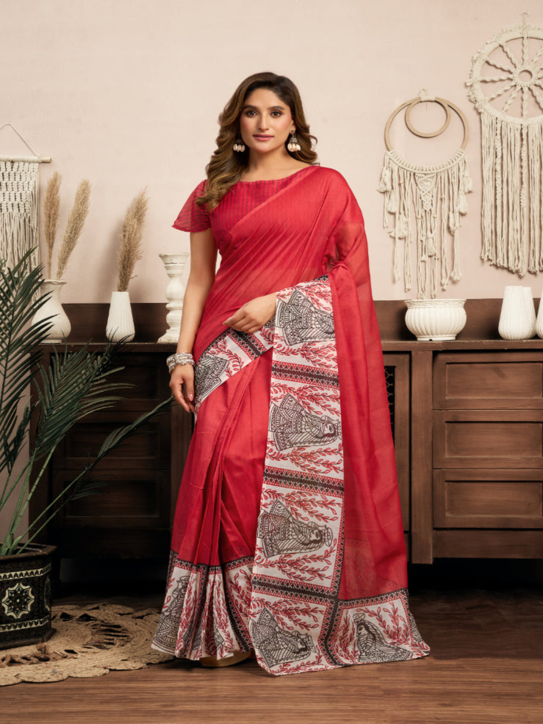 Red Color Linen Printed Masterpiece ready to wear saree