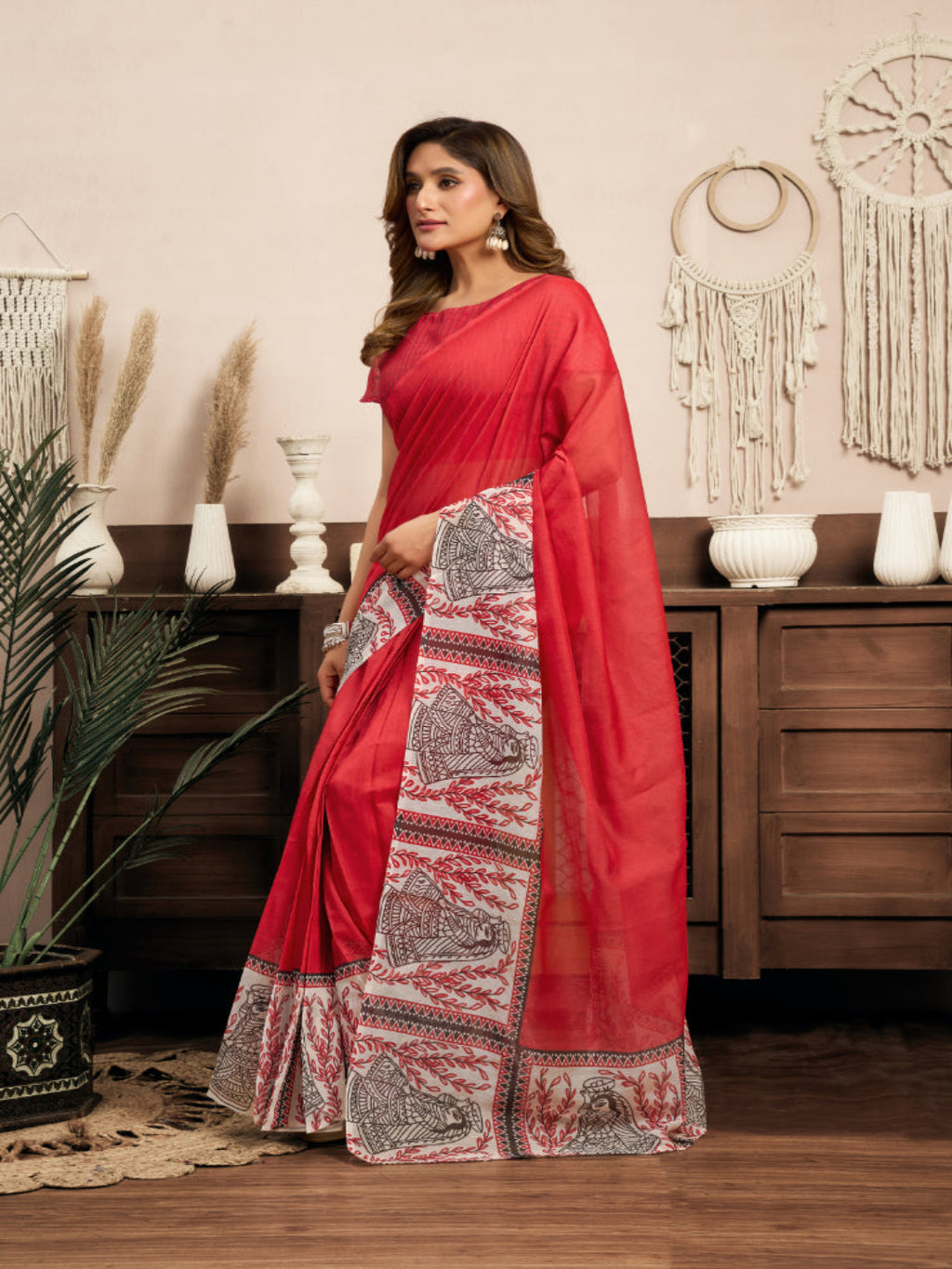 Red Color Linen Printed Masterpiece ready to wear saree