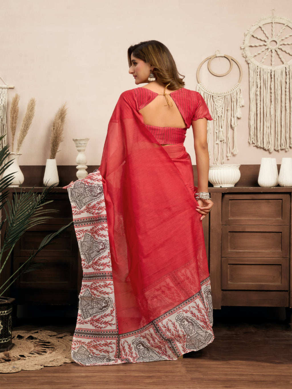 Red Color Linen Printed Masterpiece ready to wear saree