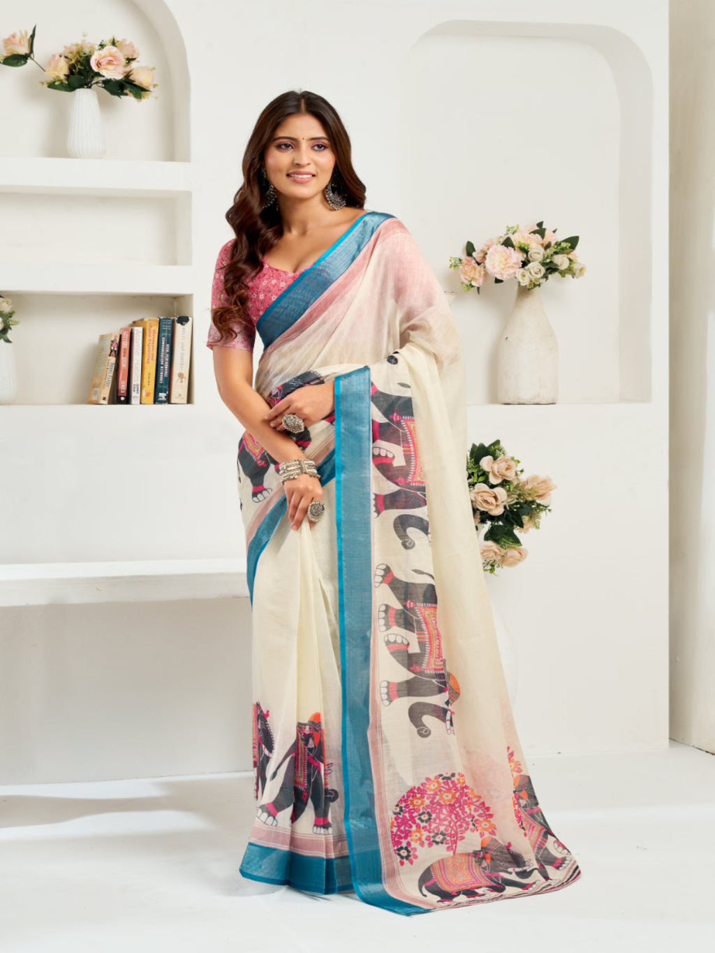 Linen Elephant Motifs printed ready to wear saree