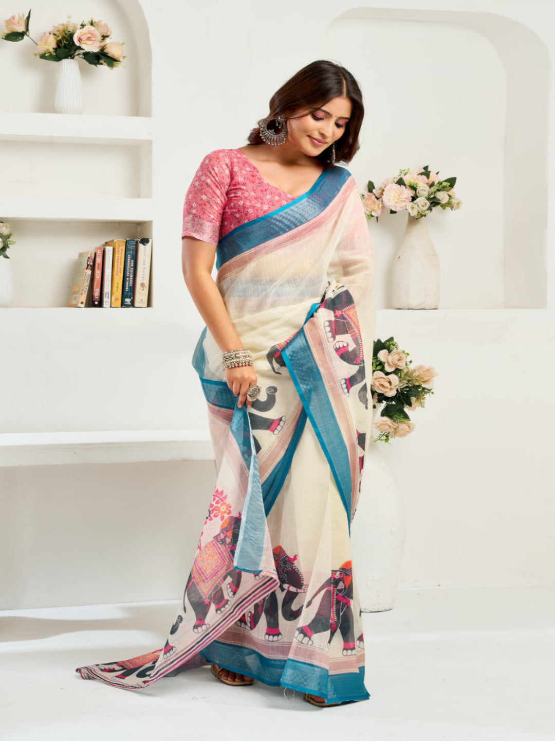 Linen Elephant Motifs printed ready to wear saree
