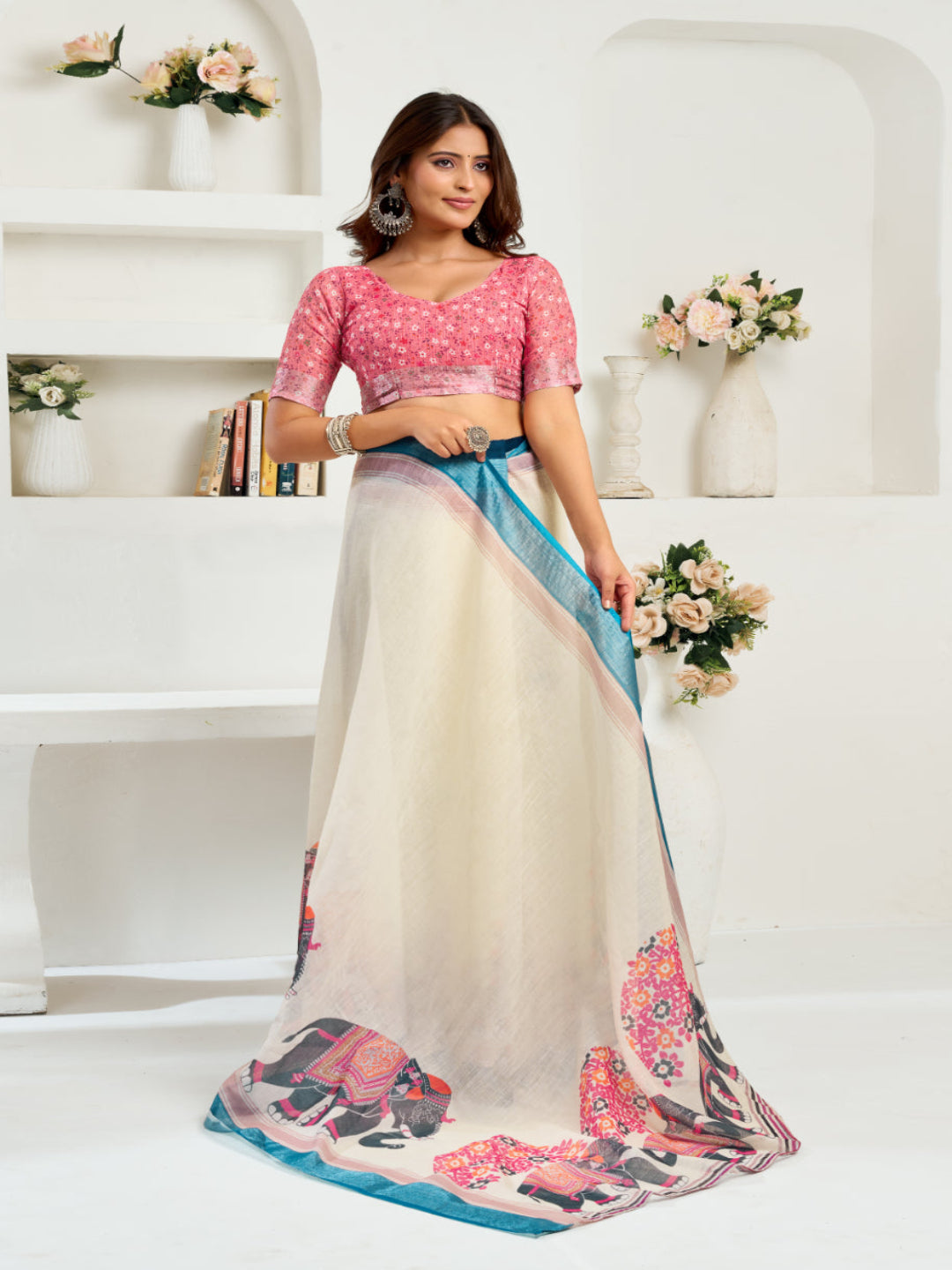 Linen Elephant Motifs printed ready to wear saree