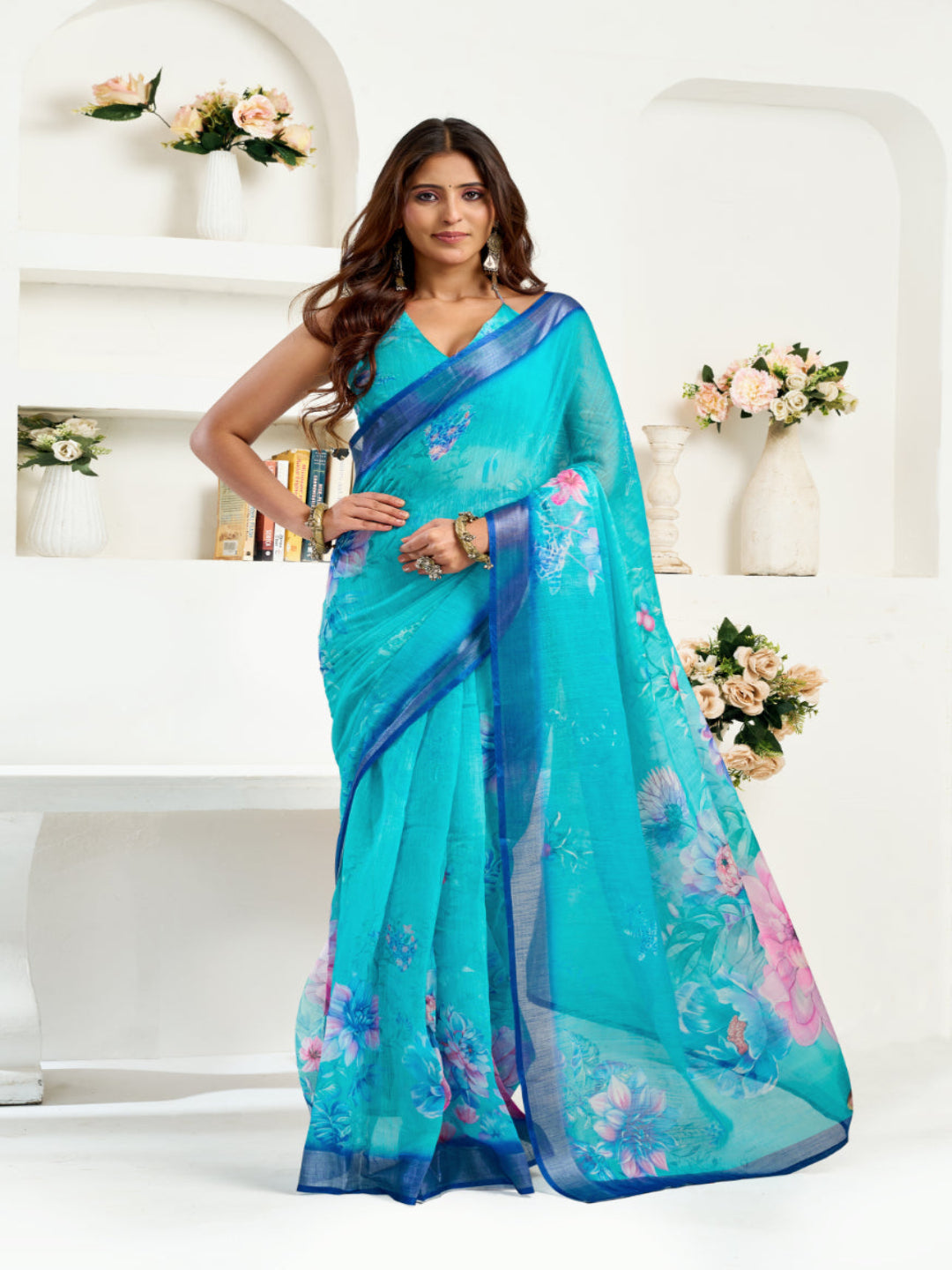 Digital Floral print Linen Blend ready to wear Saree