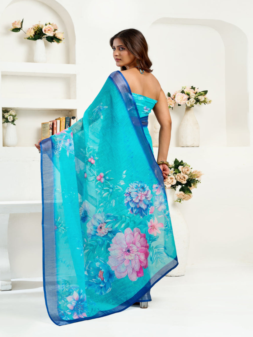 Digital Floral print Linen Blend ready to wear Saree