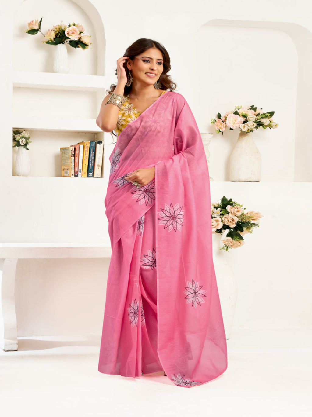 Digital Floral print Linen Blend ready to wear Saree With Contrast Blouse