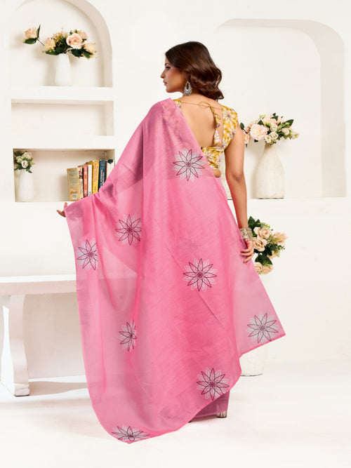 Digital Floral print Linen Blend ready to wear Saree With Contrast Blouse