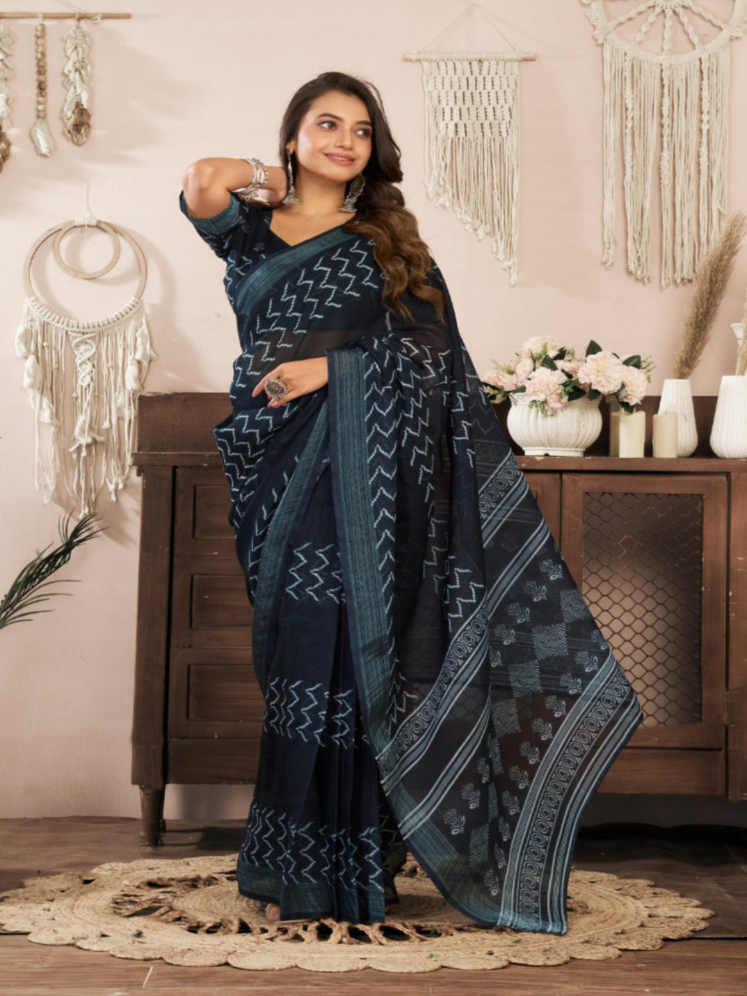 Geometric print Linen Blend ready to wear Saree
