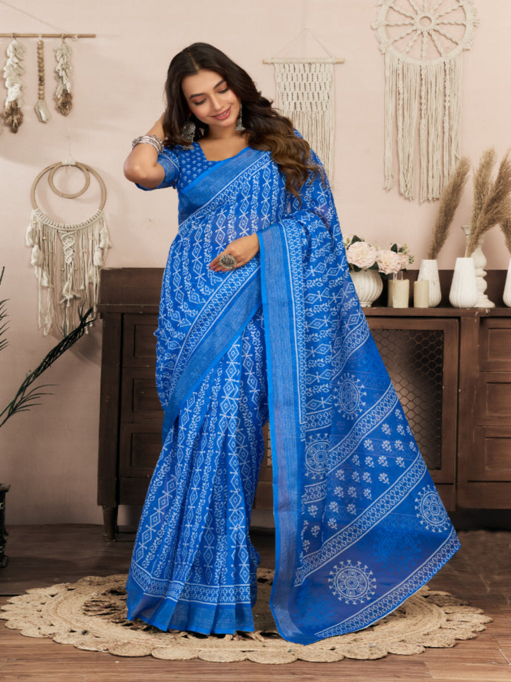 Elegant Digital Floral print Linen Blend ready to wear Saree