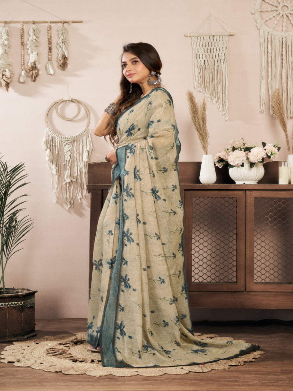 Beige Floral print Linen Blend ready to wear Saree