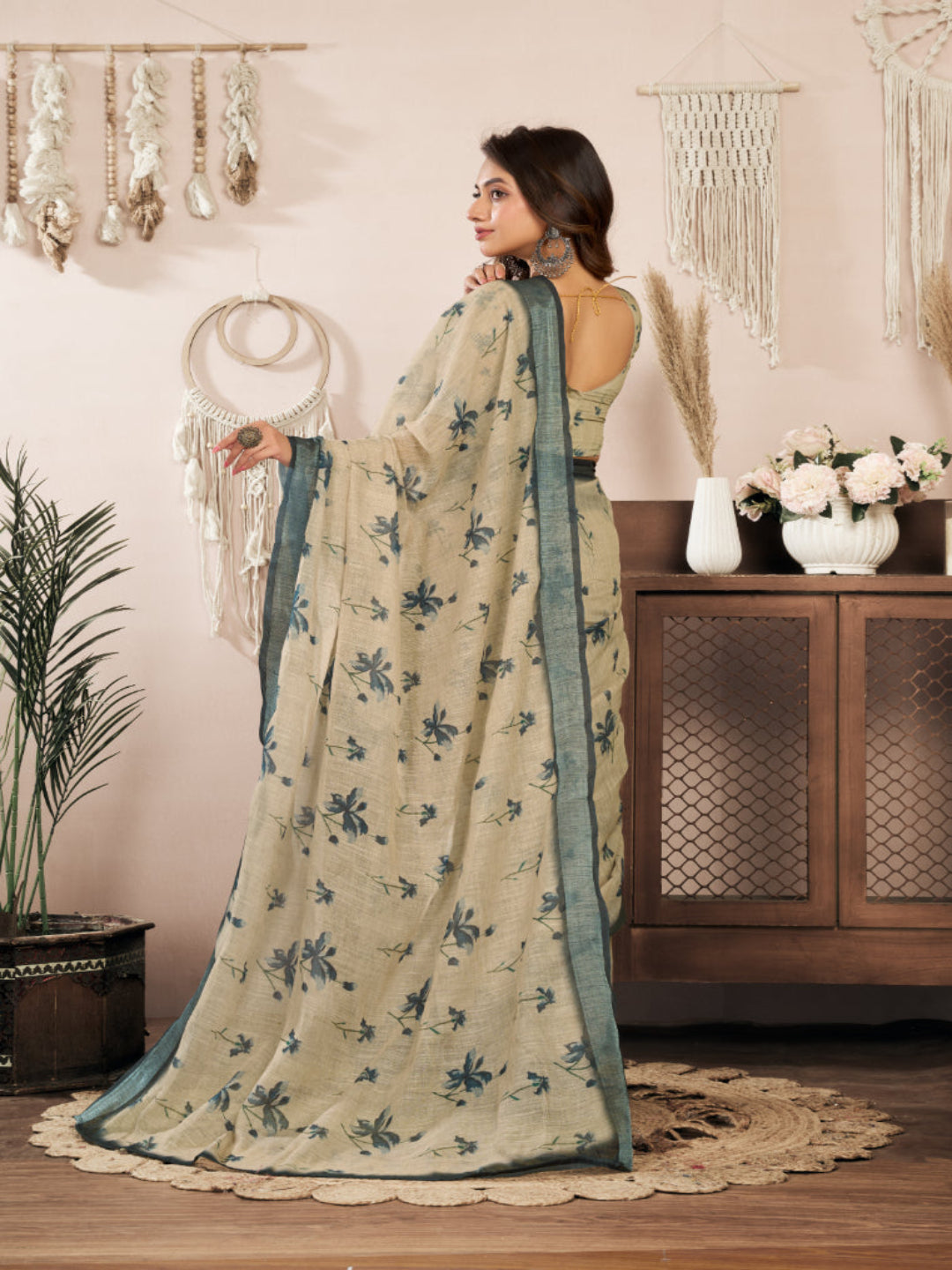 Beige Floral print Linen Blend ready to wear Saree