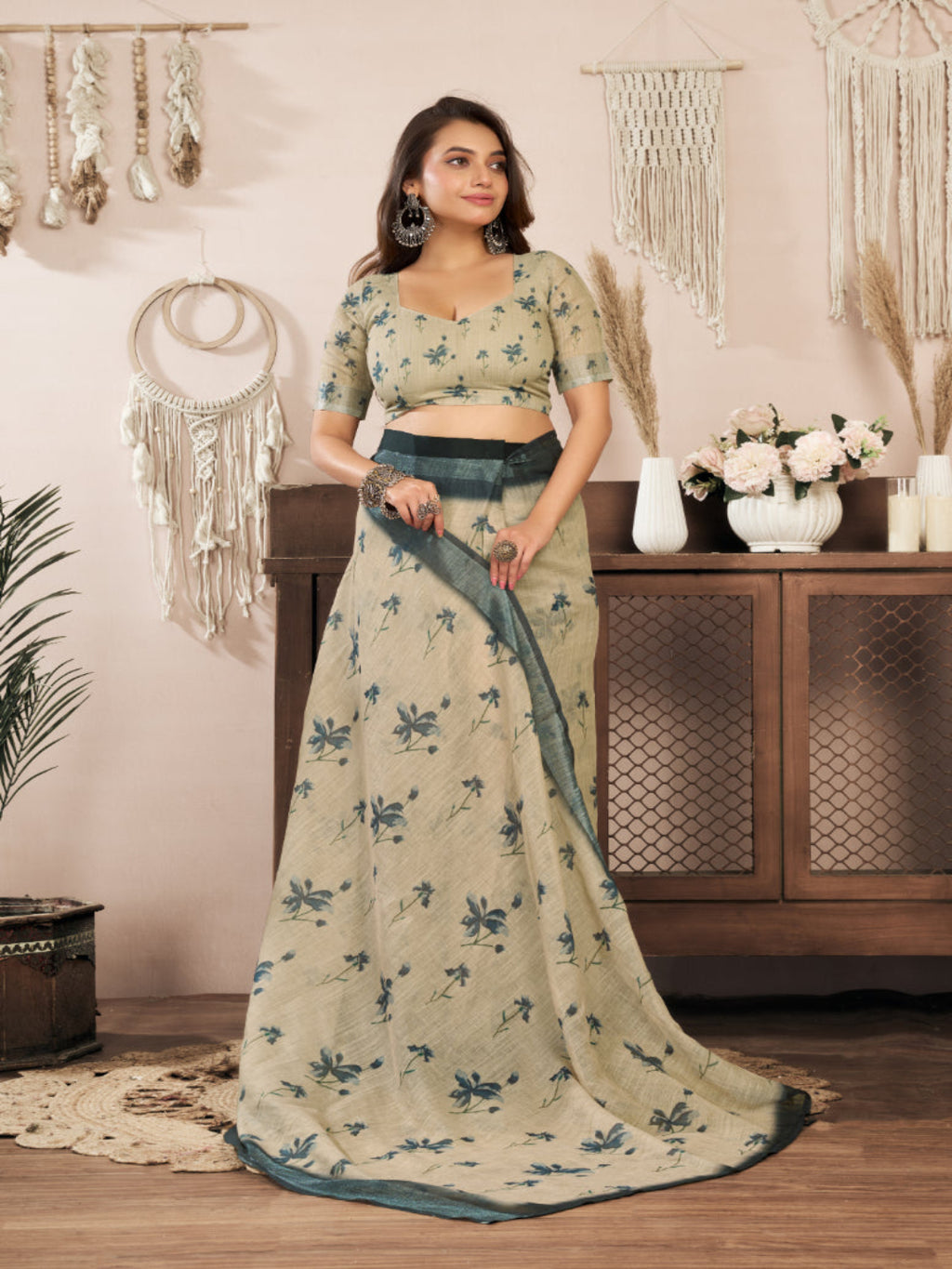 Beige Floral print Linen Blend ready to wear Saree