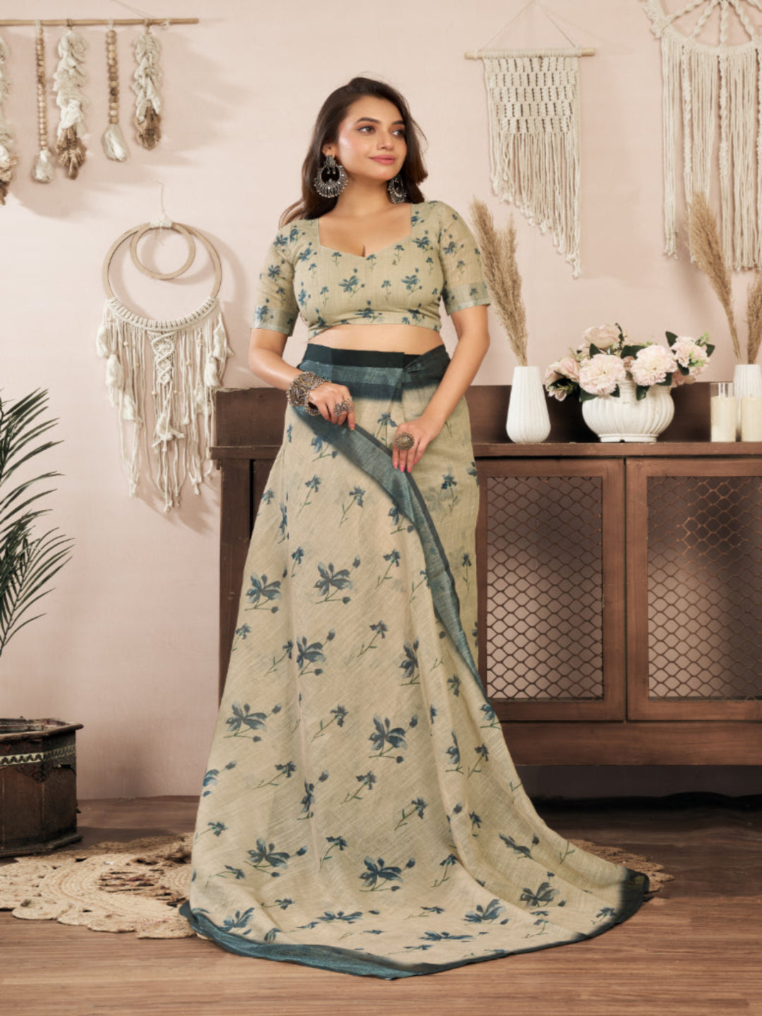 Beige Floral print Linen Blend ready to wear Saree