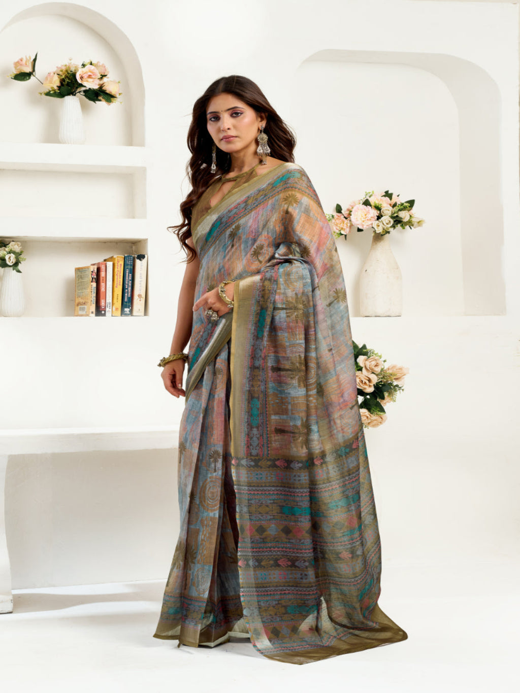 Golden Mirage Linen Blend zari border ready to wear saree