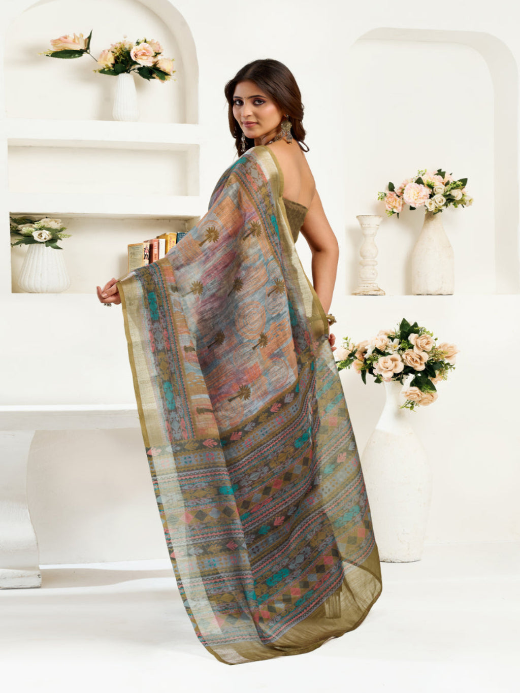 Golden Mirage Linen Blend zari border ready to wear saree