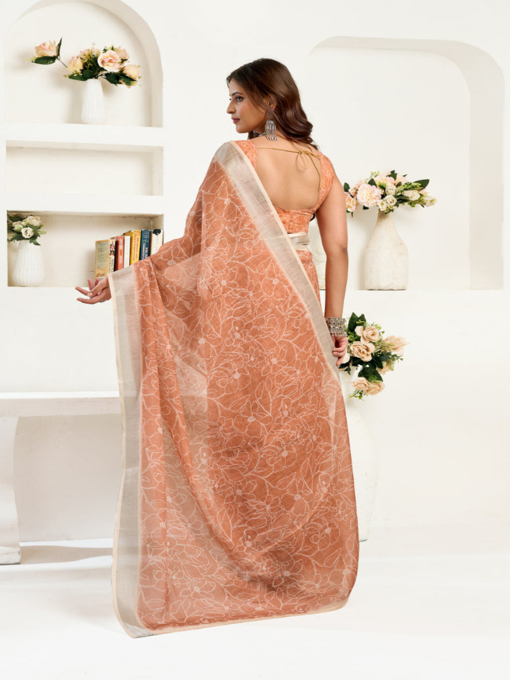 Peach Mirage Linen Blend zari border ready to wear saree