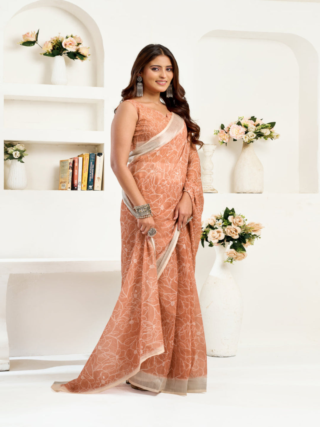 Peach Mirage Linen Blend zari border ready to wear saree