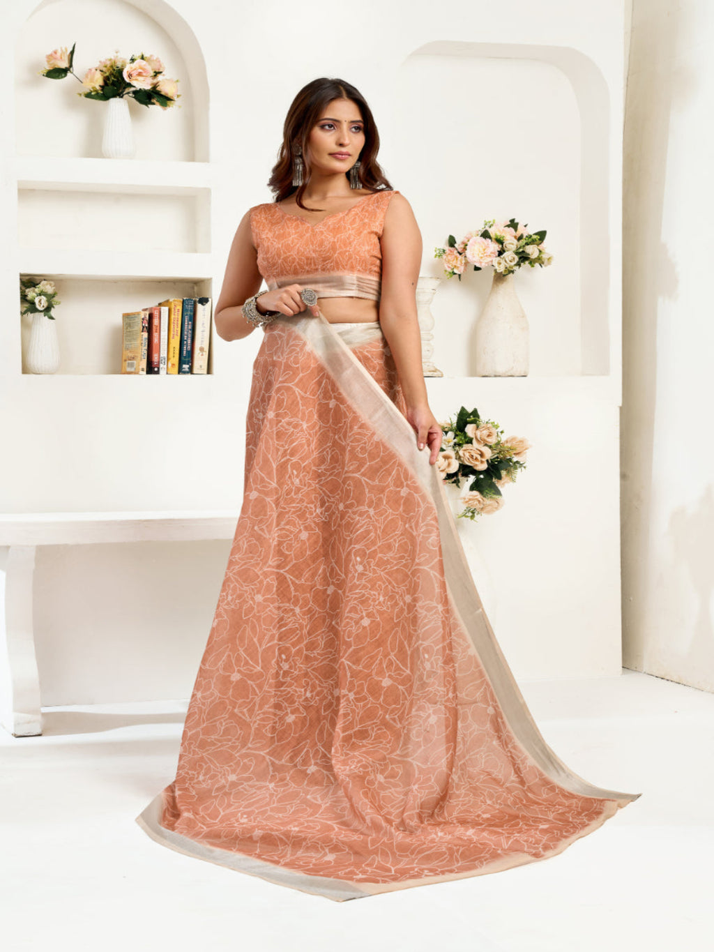 Peach Mirage Linen Blend zari border ready to wear saree