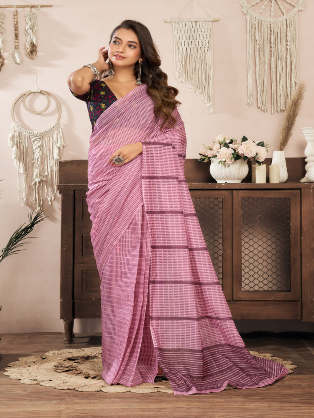 Pink Linen Blend Printed ready to wear Saree with Contrast Blouse