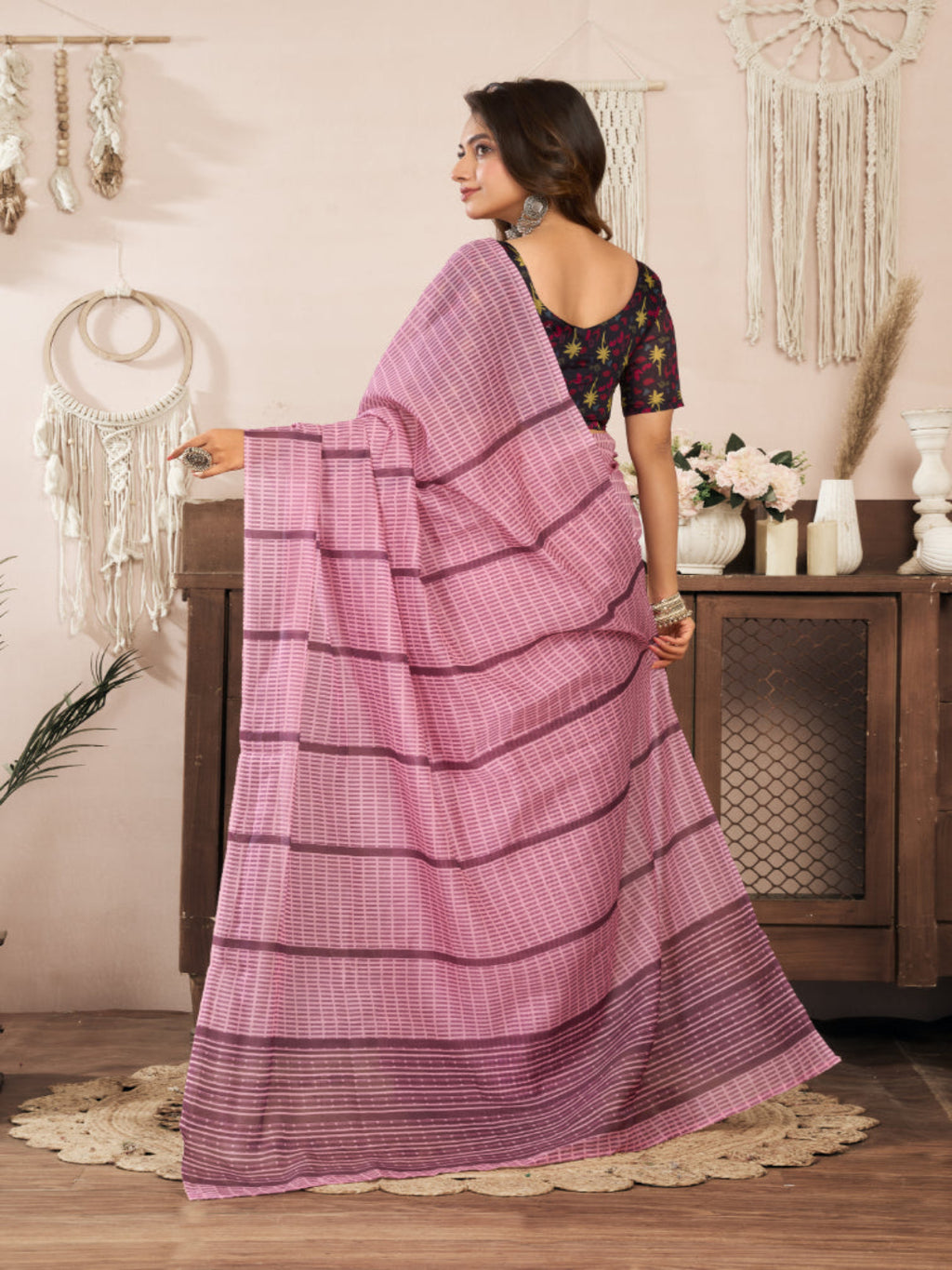 Pink Linen Blend Printed ready to wear Saree with Contrast Blouse