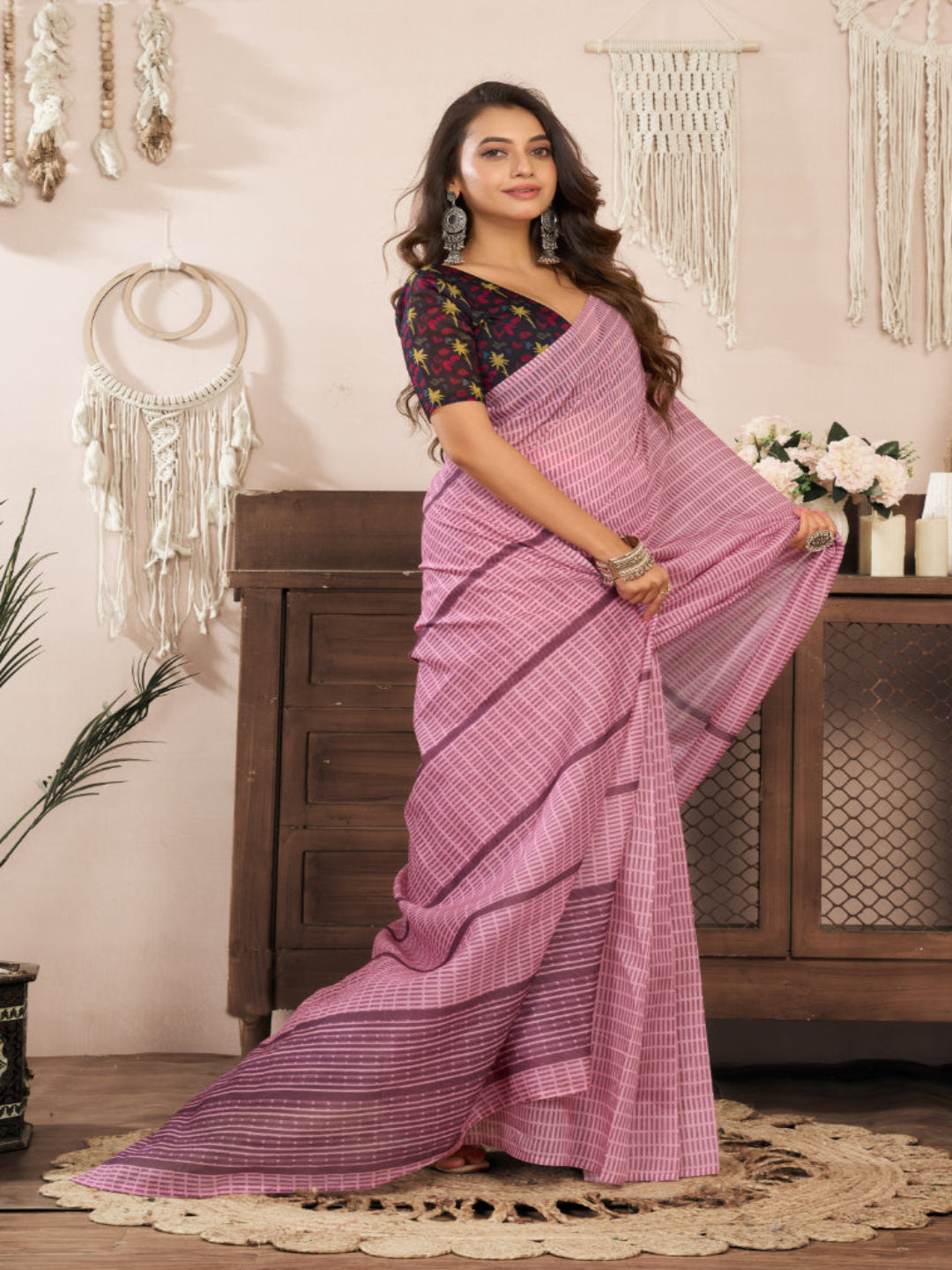 Pink Linen Blend Printed ready to wear Saree with Contrast Blouse