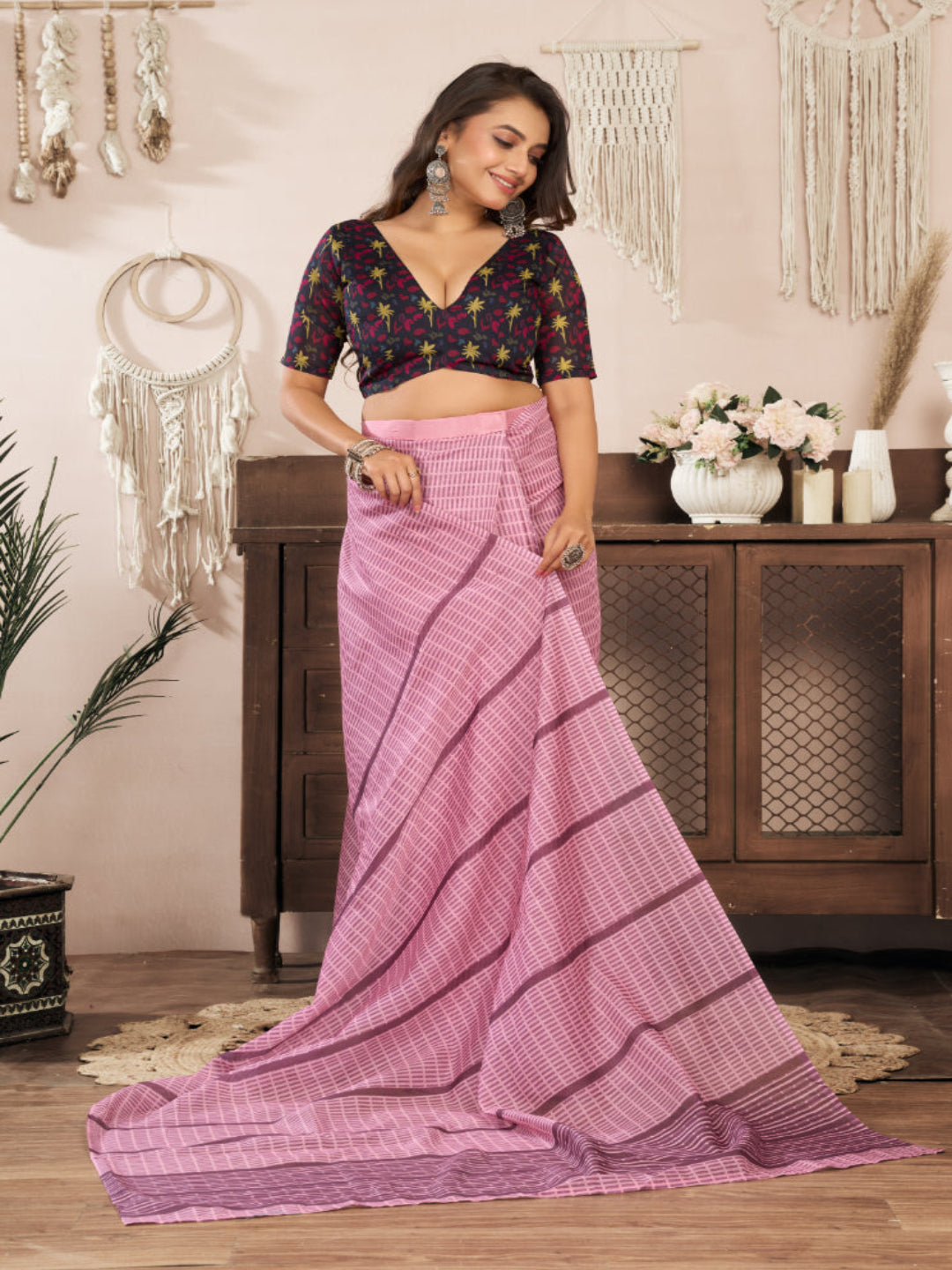 Pink Linen Blend Printed ready to wear Saree with Contrast Blouse