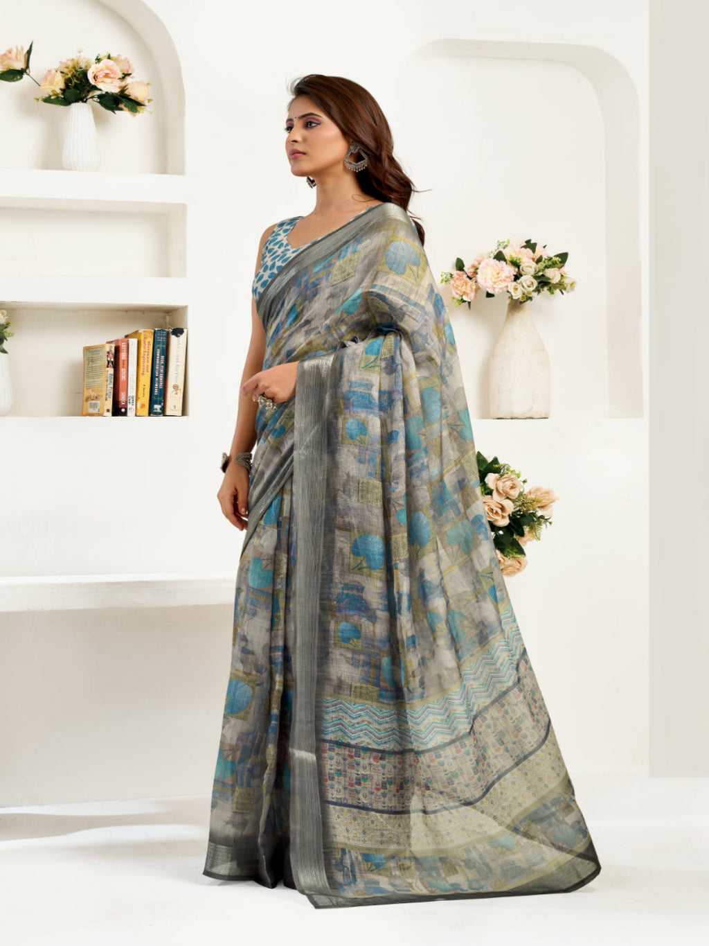 Golden Mirage Linen Blend zari border ready to wear saree