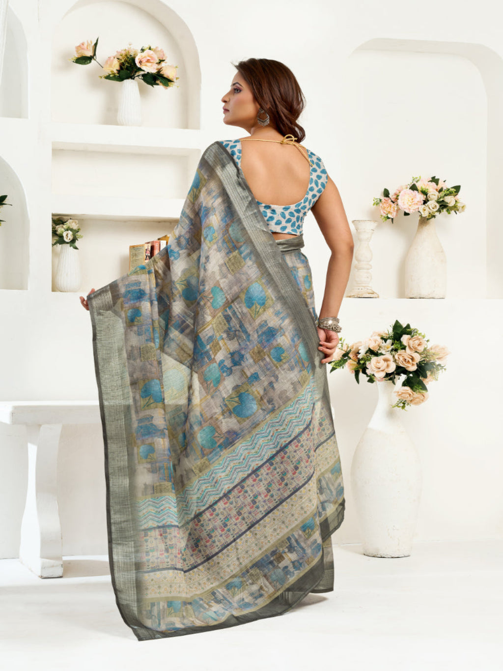 Golden Mirage Linen Blend zari border ready to wear saree