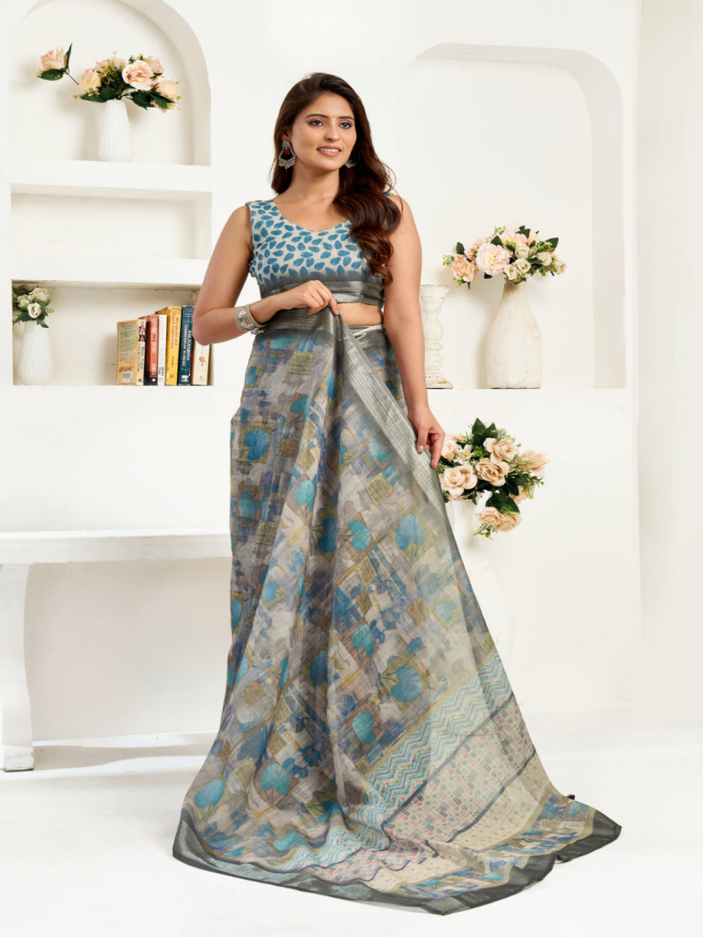 Golden Mirage Linen Blend zari border ready to wear saree