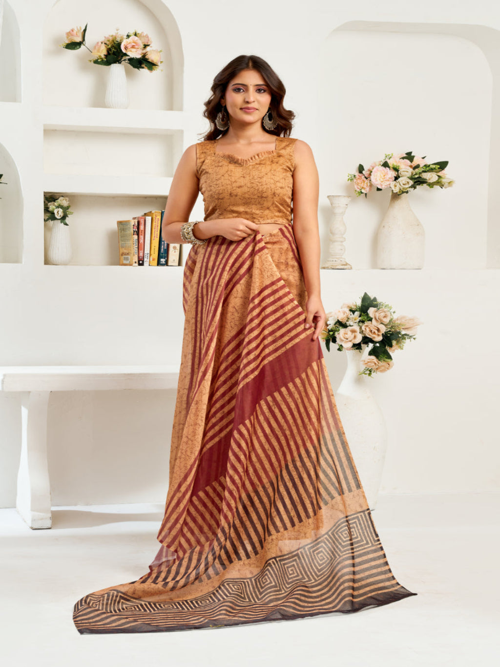 Stripe Golden Mirage Linen Blend zari border ready to wear saree