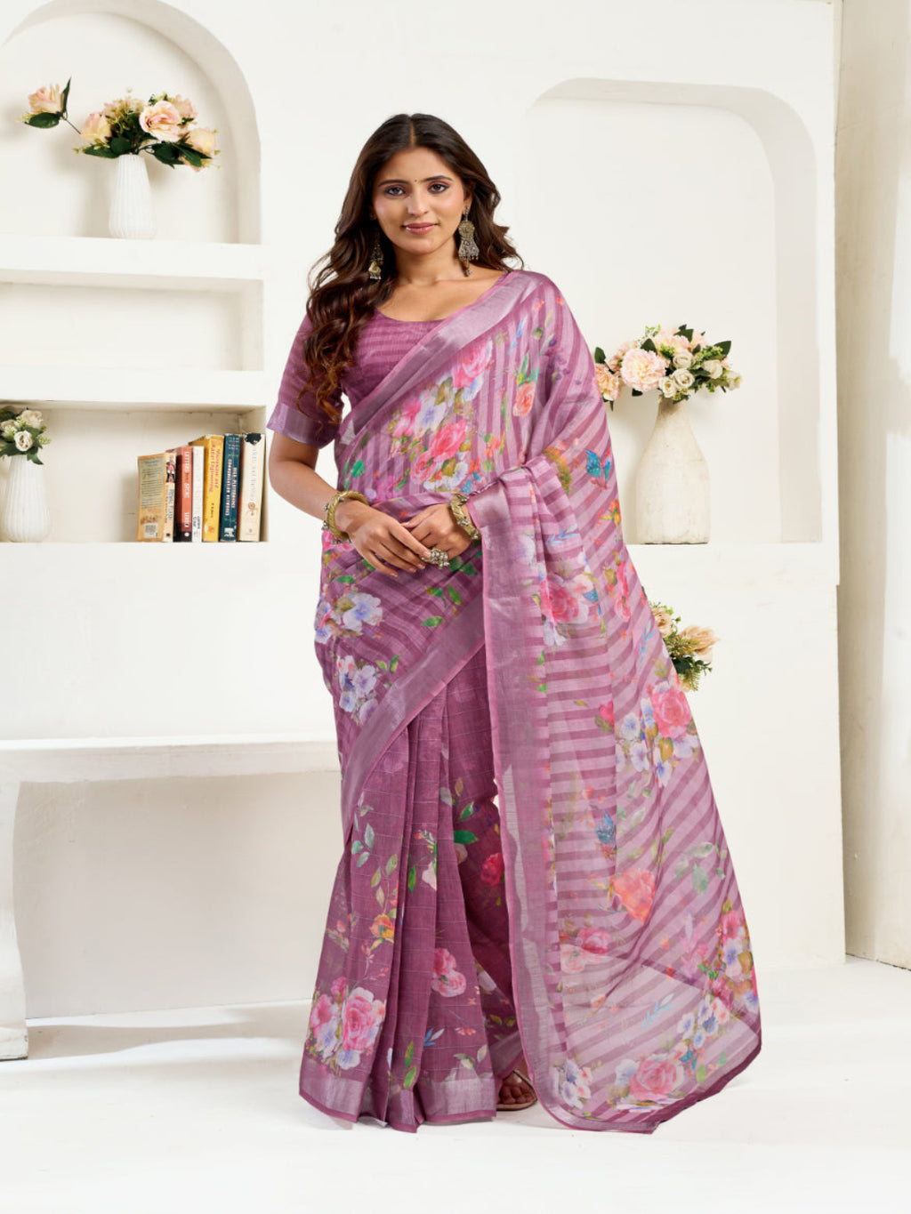 Women's Ready-to-Wear Linen Floral Printed Saree with Unstitched Blouse